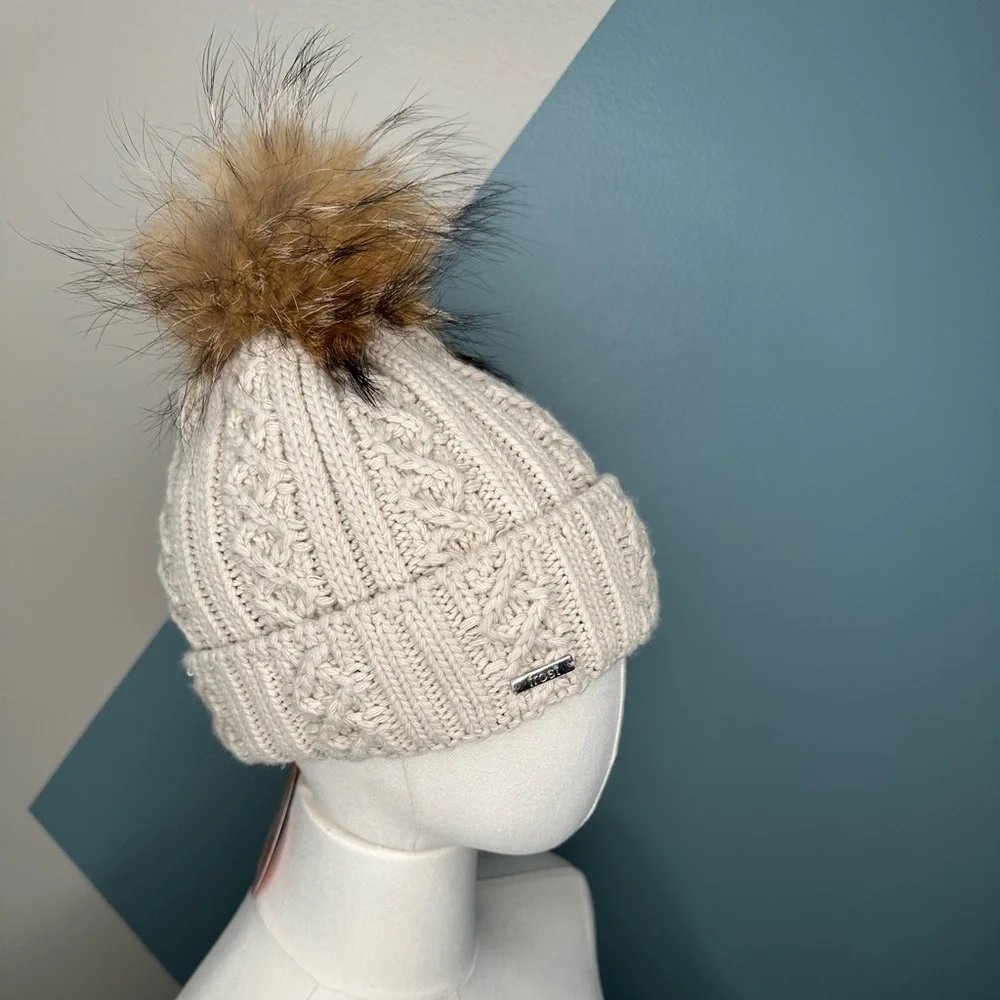Frost Cable Knit Pom Beanie Hat – Beige, Faux Fur Pom, Made in Poland - Picture 3 of 7